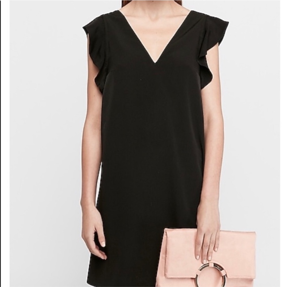 Express V Neck Ruffle Sleeve Shift Dress - Black - XS